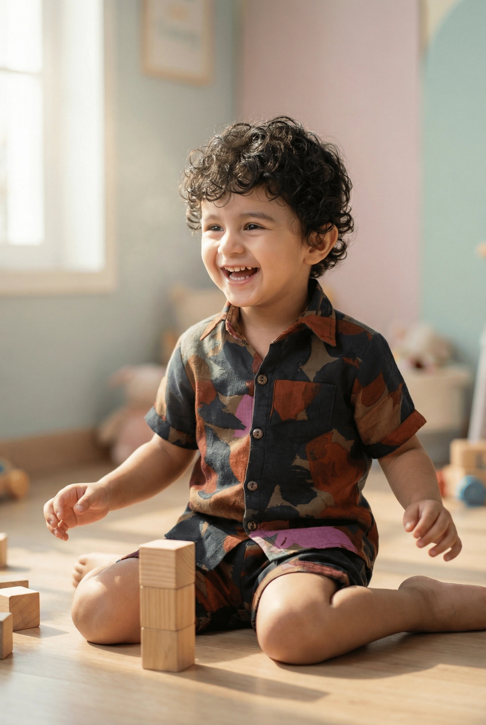 Camo Print Muslin Boys Shirt & Shorts Coord Set Clothing Set