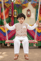 Bohemian Chic: Boys' Nehru Jacket with Off-White Kurta Pyjama Set