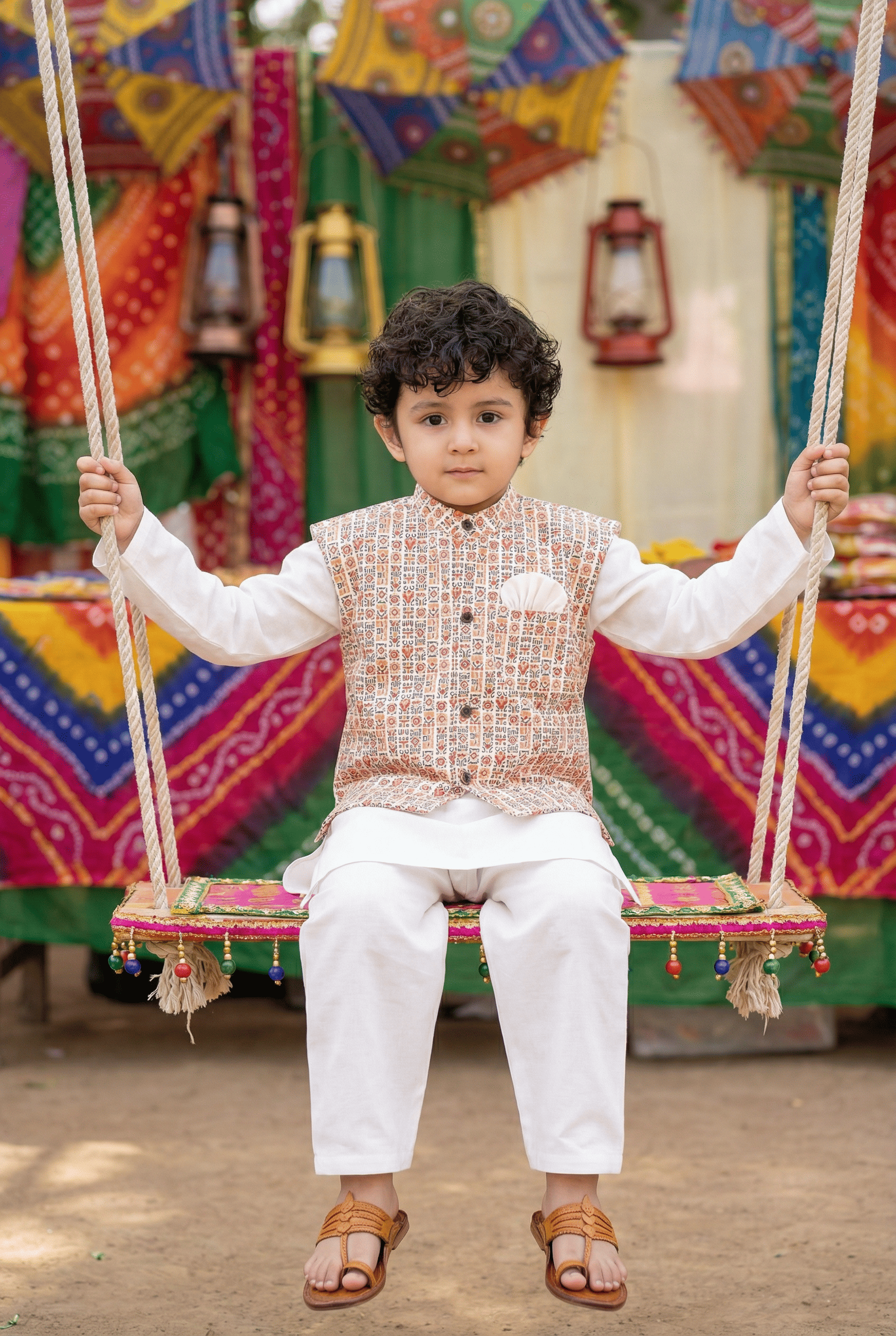 Bohemian Chic: Boys' Nehru Jacket with Off-White Kurta Pyjama Set