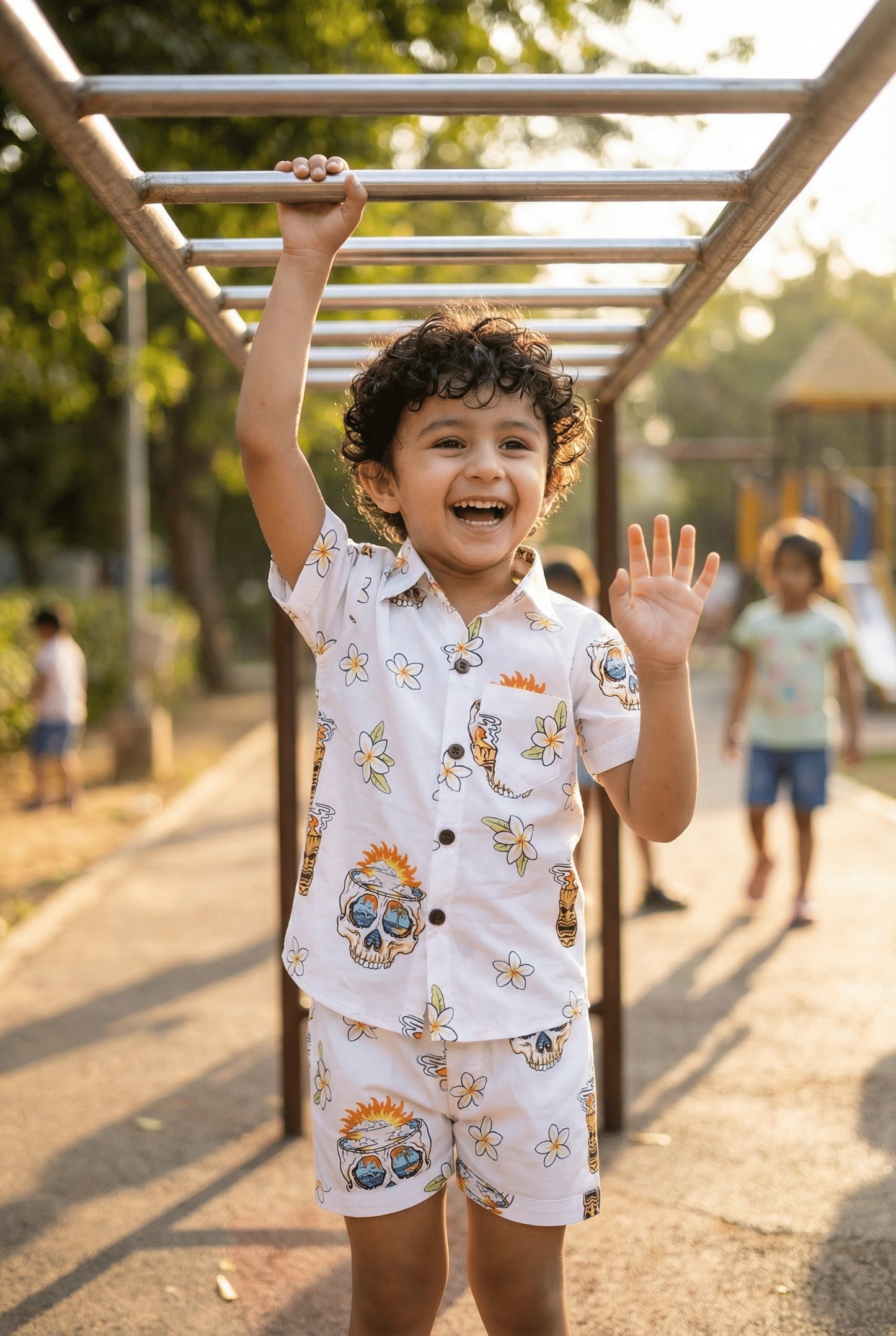 Skull Printed Pure Cotton Boys Shirt & Shorts Coord Set Clothing Set