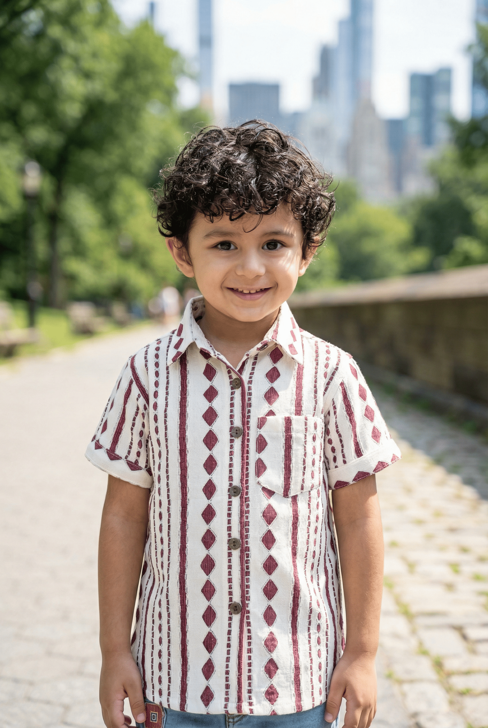 Maroon & White Ethnic Print Shirt - 4 Year Boy Festive Dress