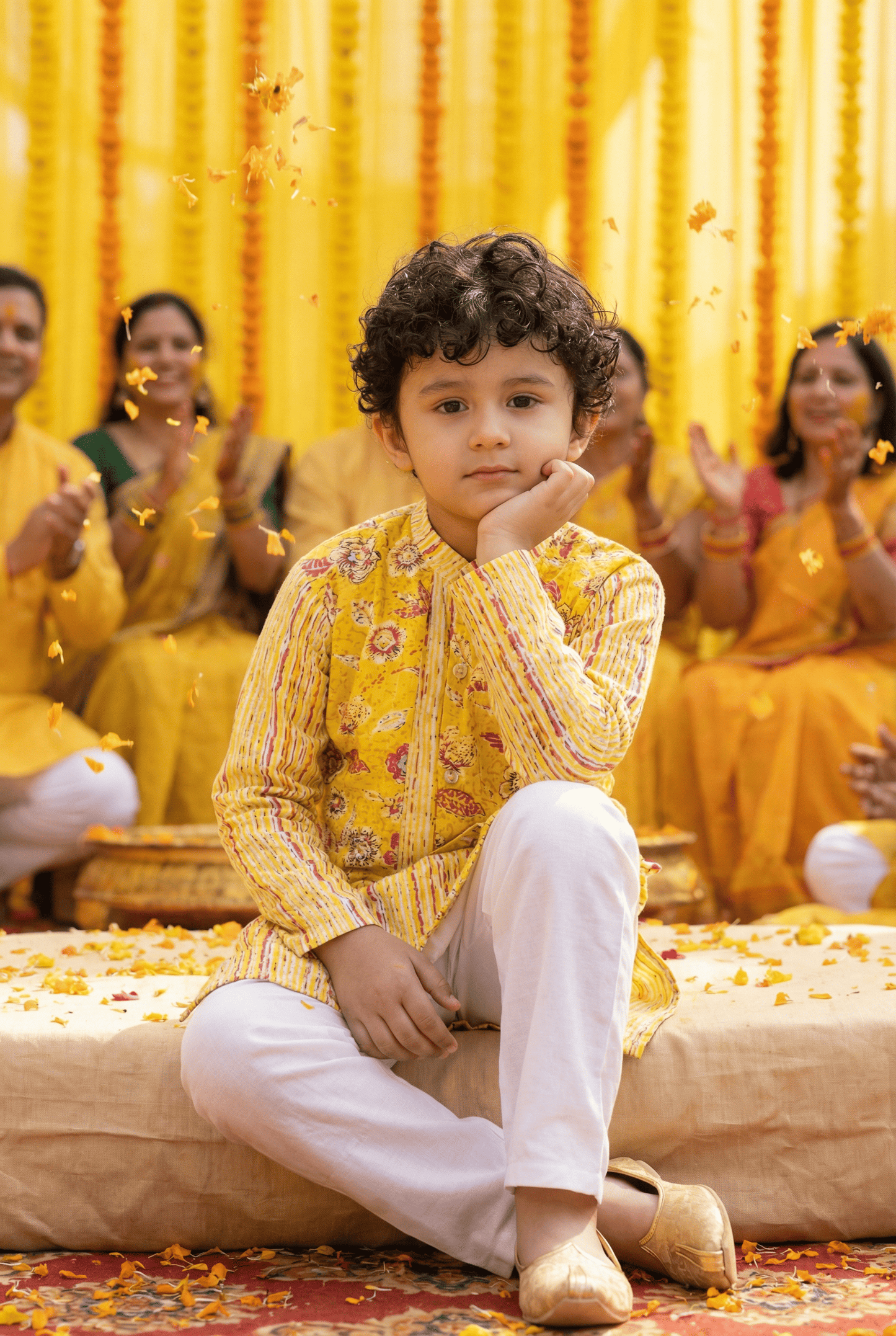 Sunny Elegance: Boys' Floral Print Yellow Color Straight Jacket Style Kurta Pyjama Set