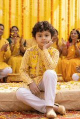 Sunny Elegance: Boys' Floral Print Yellow Color Straight Jacket Style Kurta Pyjama Set