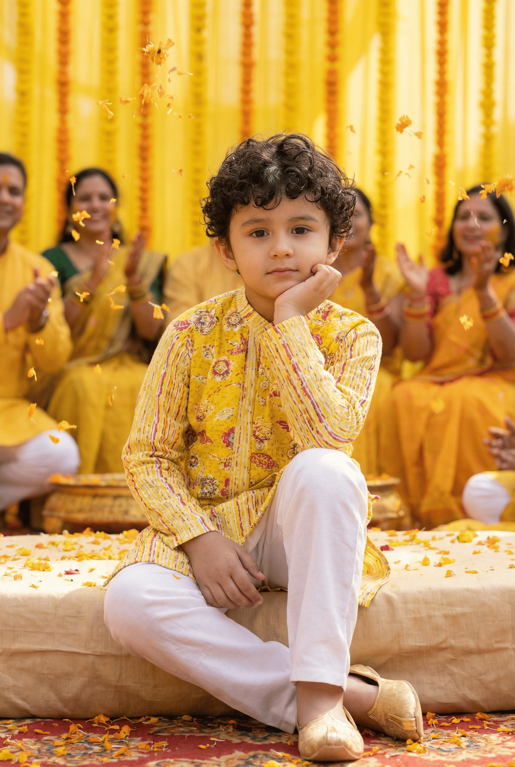 Sunny Elegance: Boys' Floral Print Yellow Color Straight Jacket Style Kurta Pyjama Set