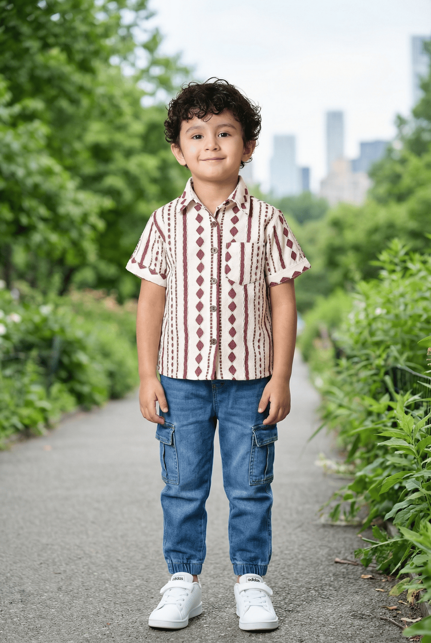 Maroon & White Ethnic Print Shirt - 4 Year Boy Festive Dress