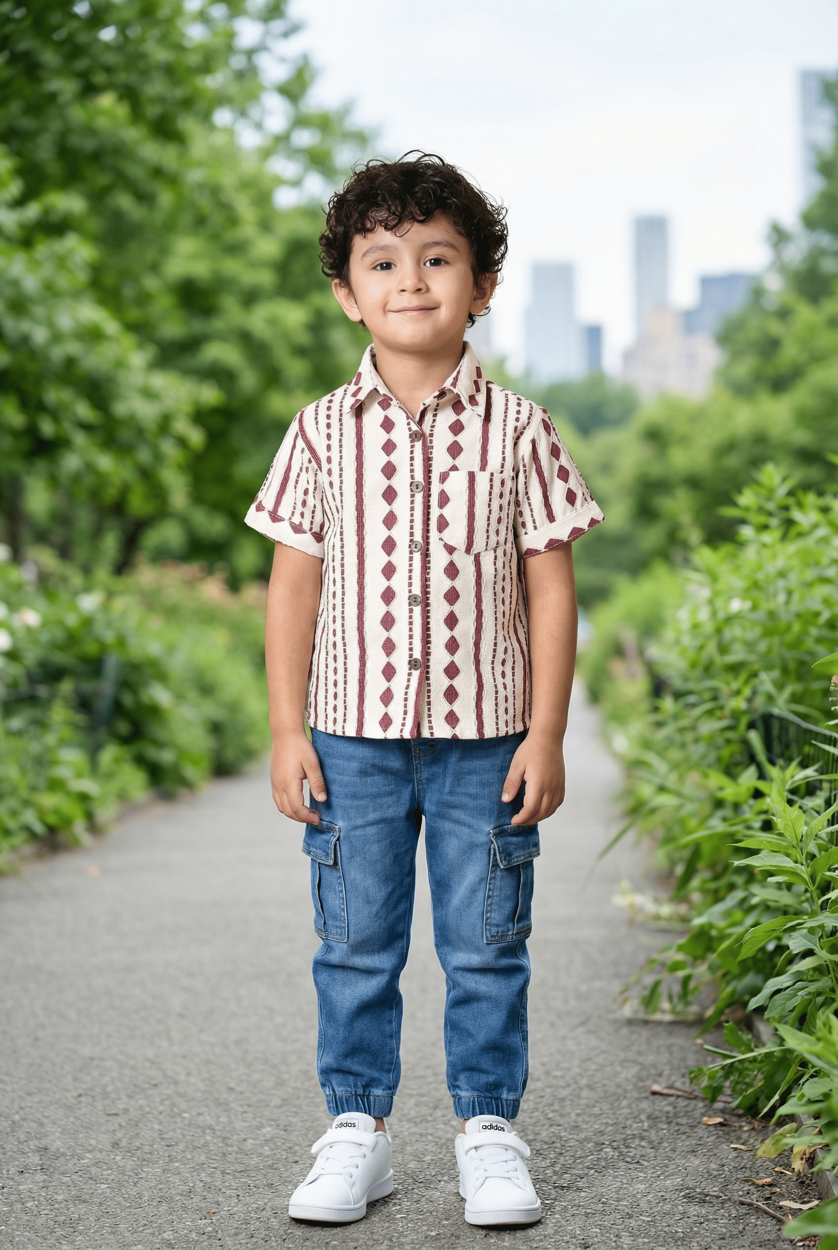 Maroon & White Ethnic Print Shirt - 4 Year Boy Festive Dress