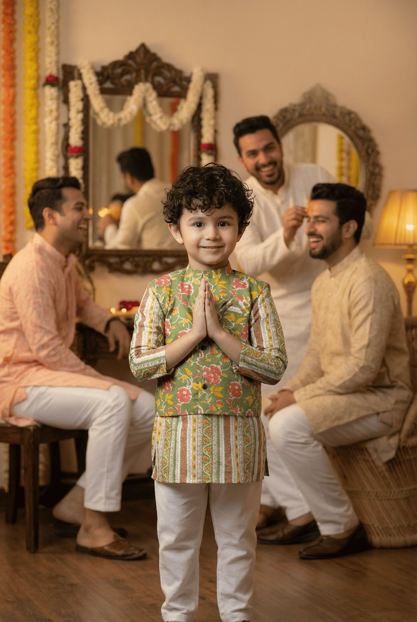 Fresh Sophistication: Boys' Floral Print Parrot Green Short Kurta with Nehru Jacket Set