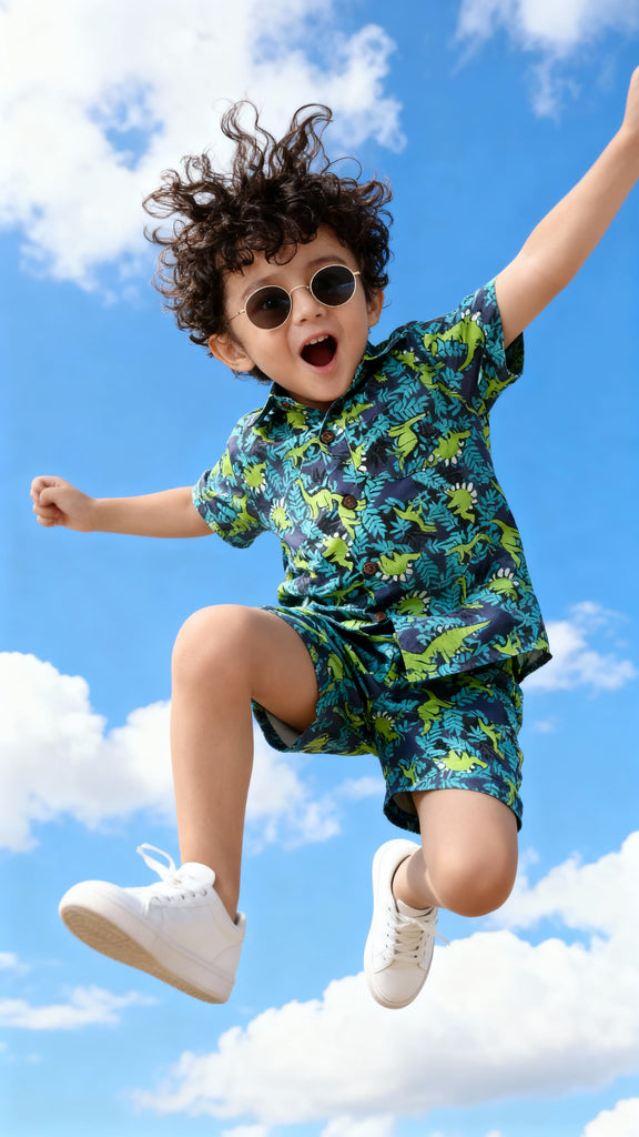 Green Dino Printed Pure Cotton Boys Shirt & Shorts Co-ord Set