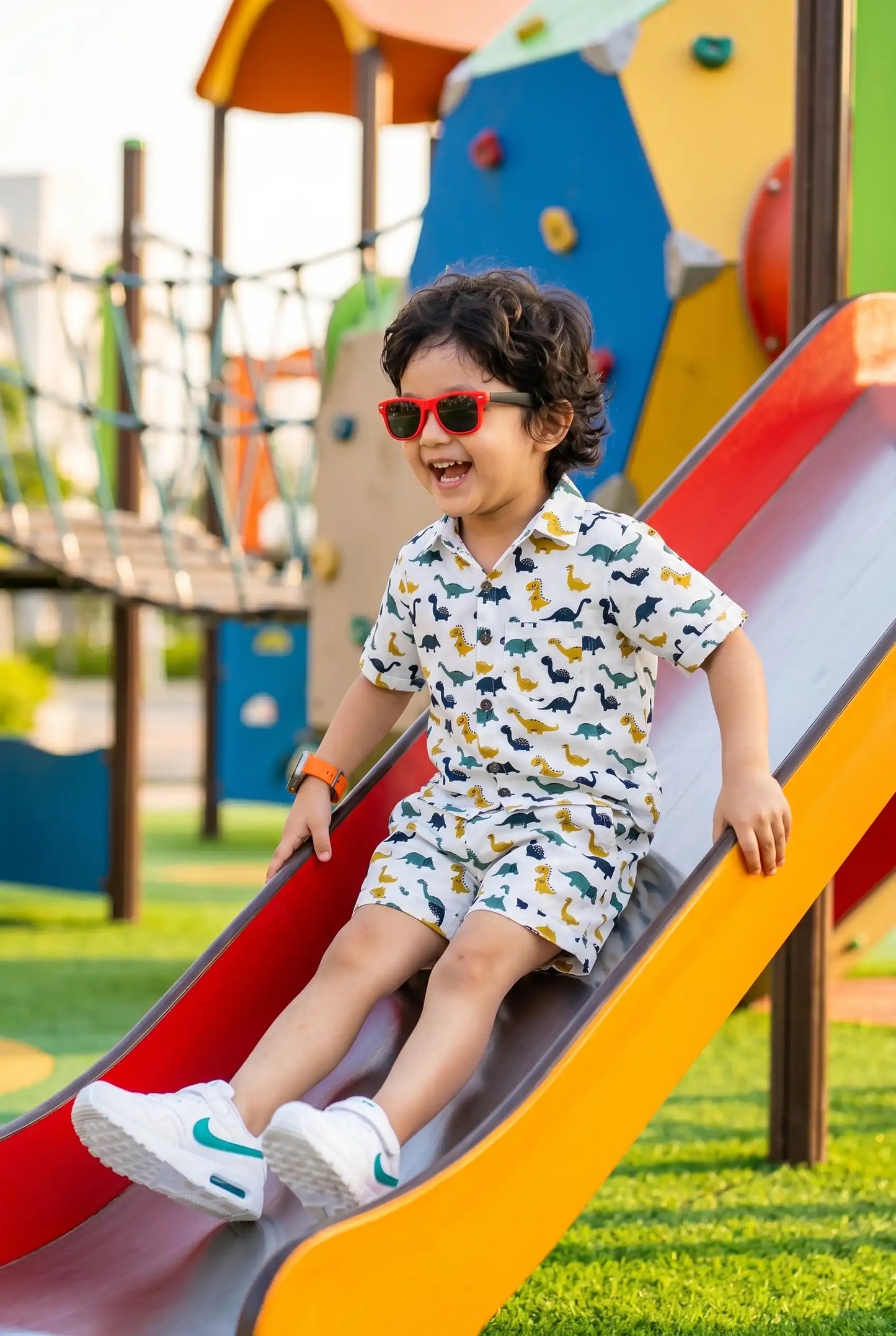 Boys dinosaur casual outfit — complete shirt + shorts set with side pockets, dino lover outfit, school & everyday wear. 100% cotton, ₹699, sizes 2-8 years