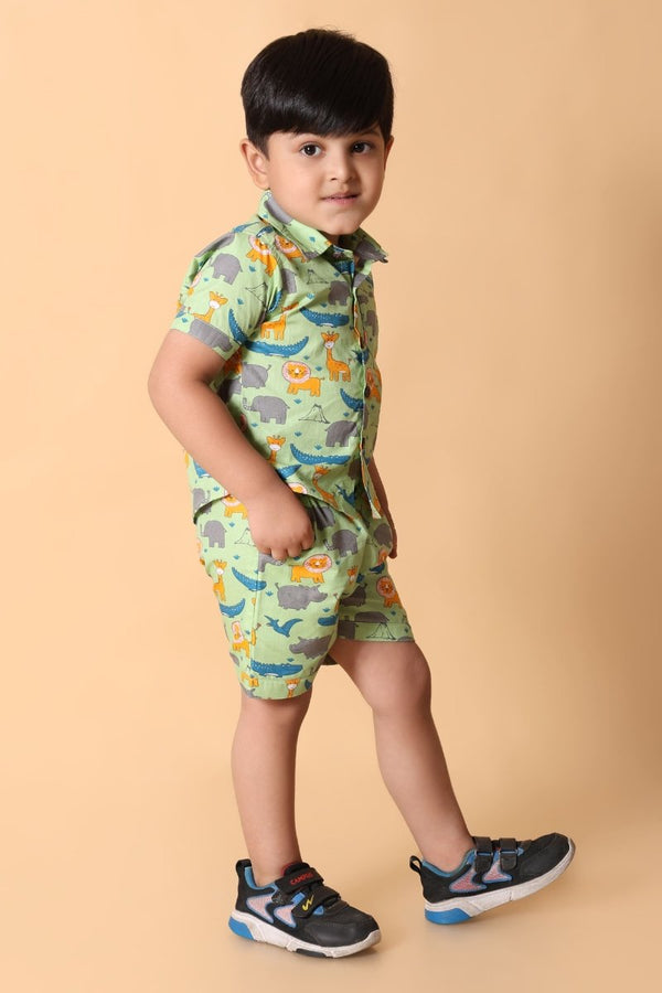 Animal Printed Pure Cotton Boys Shirt & Shorts Coord Set Clothing Set - Bebe Unicorn