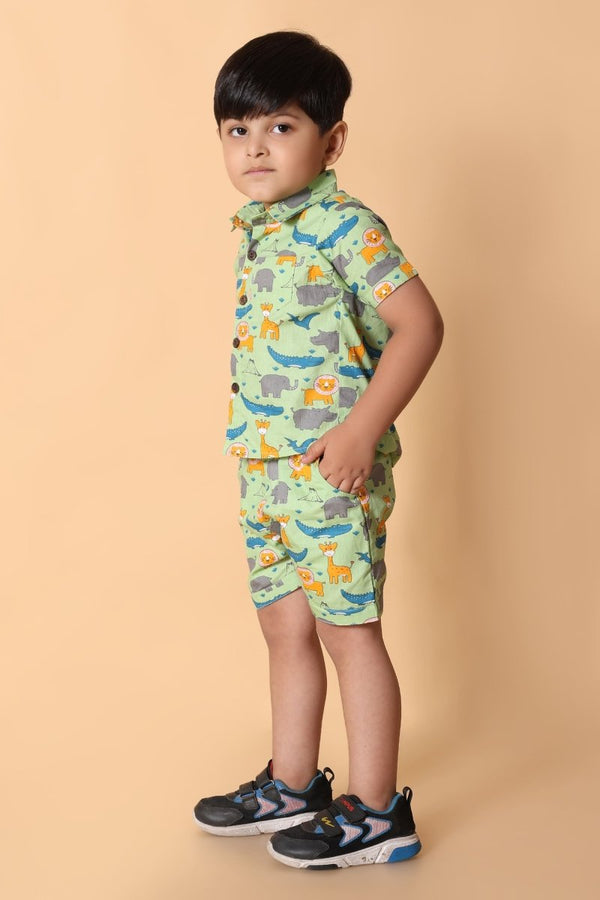 Animal Printed Pure Cotton Boys Shirt & Shorts Coord Set Clothing Set - Bebe Unicorn