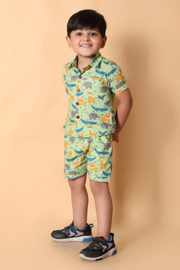 Animal Printed Pure Cotton Boys Shirt & Shorts Coord Set Clothing Set - Bebe Unicorn