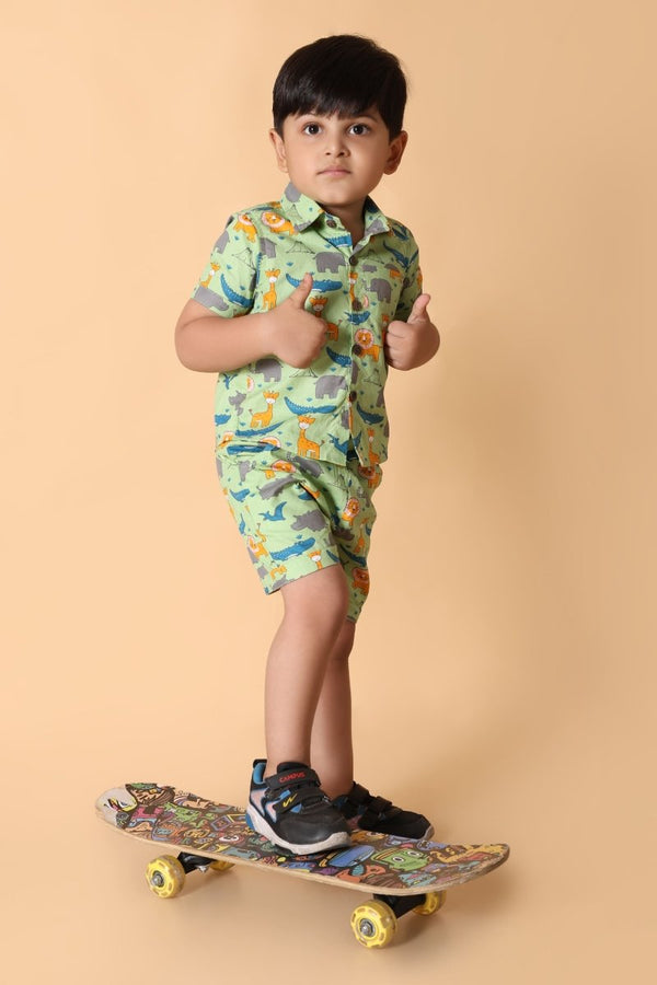 Animal Printed Pure Cotton Boys Shirt & Shorts Coord Set Clothing Set - Bebe Unicorn