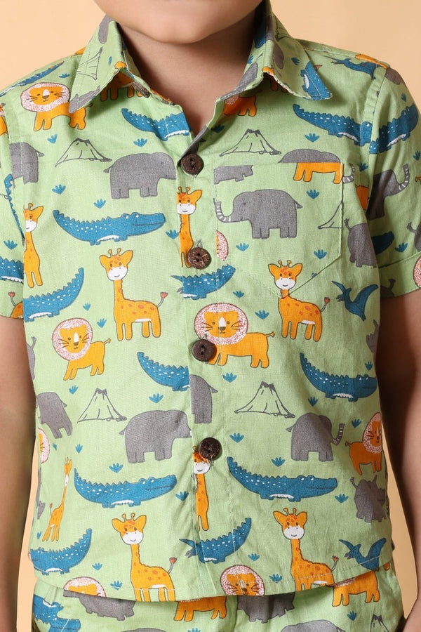 Animal Printed Pure Cotton Boys Shirt & Shorts Coord Set Clothing Set - Bebe Unicorn