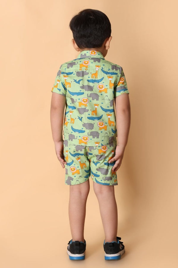 Animal Printed Pure Cotton Boys Shirt & Shorts Coord Set Clothing Set - Bebe Unicorn