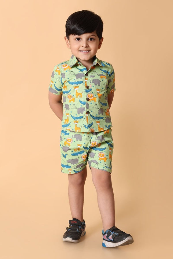Animal Printed Pure Cotton Boys Shirt & Shorts Coord Set Clothing Set - Bebe Unicorn