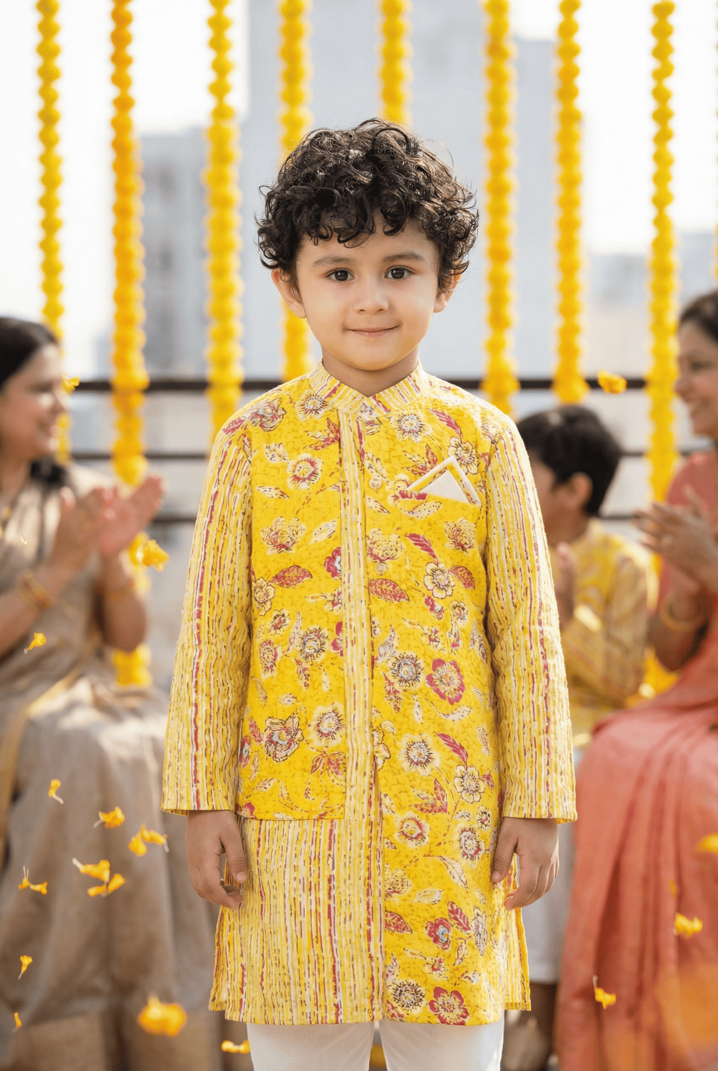 Sunny Elegance: Boys' Floral Print Yellow Color Straight Jacket Style Kurta Pyjama Set
