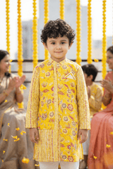 Sunny Elegance: Boys' Floral Print Yellow Color Straight Jacket Style Kurta Pyjama Set