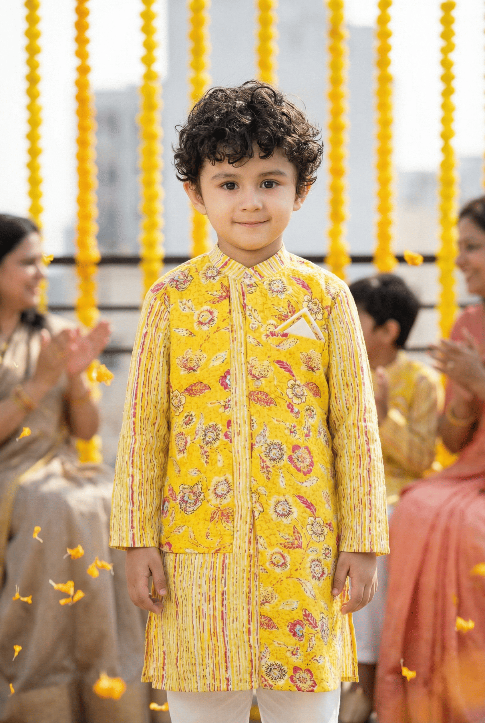 Sunny Elegance: Boys' Floral Print Yellow Color Straight Jacket Style Kurta Pyjama Set