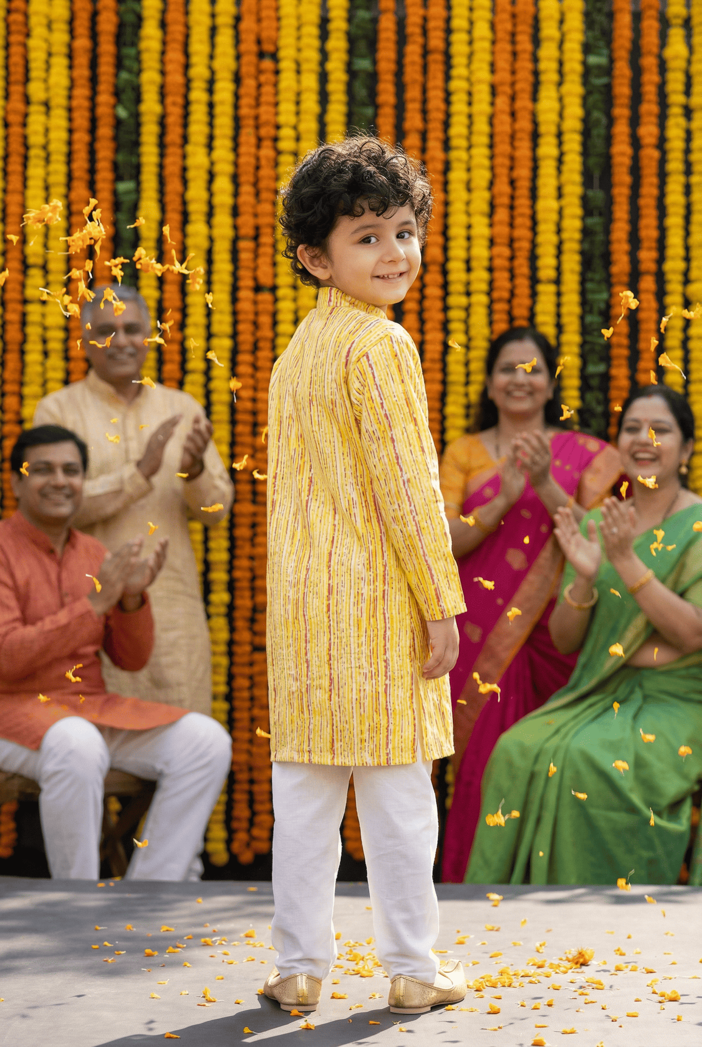 Sunny Elegance: Boys' Floral Print Yellow Color Straight Jacket Style Kurta Pyjama Set