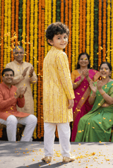 Sunny Elegance: Boys' Floral Print Yellow Color Straight Jacket Style Kurta Pyjama Set