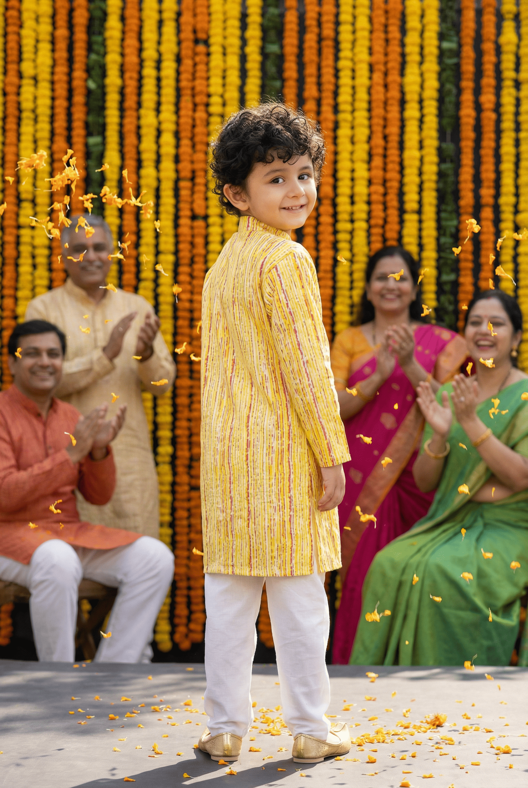 Sunny Elegance: Boys' Floral Print Yellow Color Straight Jacket Style Kurta Pyjama Set