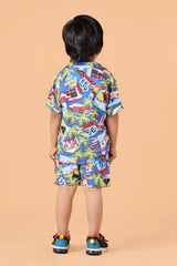 Close-up fabric – car and palm print on boys blue co-ord set