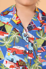 Side view – boys blue rayon shirt and shorts co-ords with pockets
