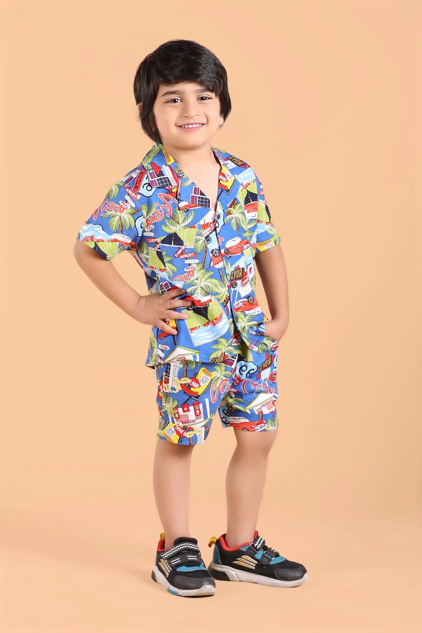 Kids casual wear – blue co-ords with travel graphic print for boys