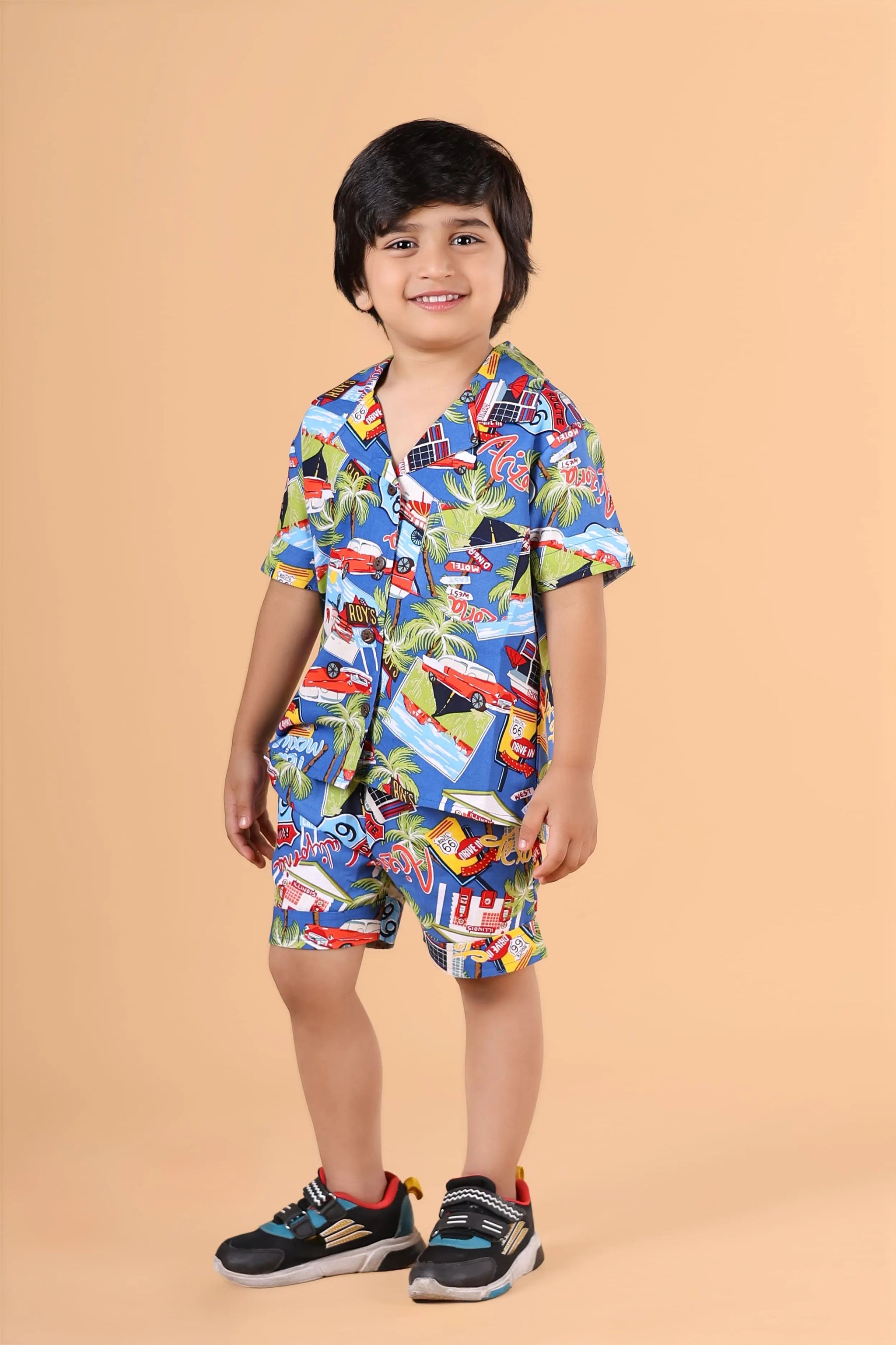 Front view – boys blue shirt & shorts matching set, breathable rayon
