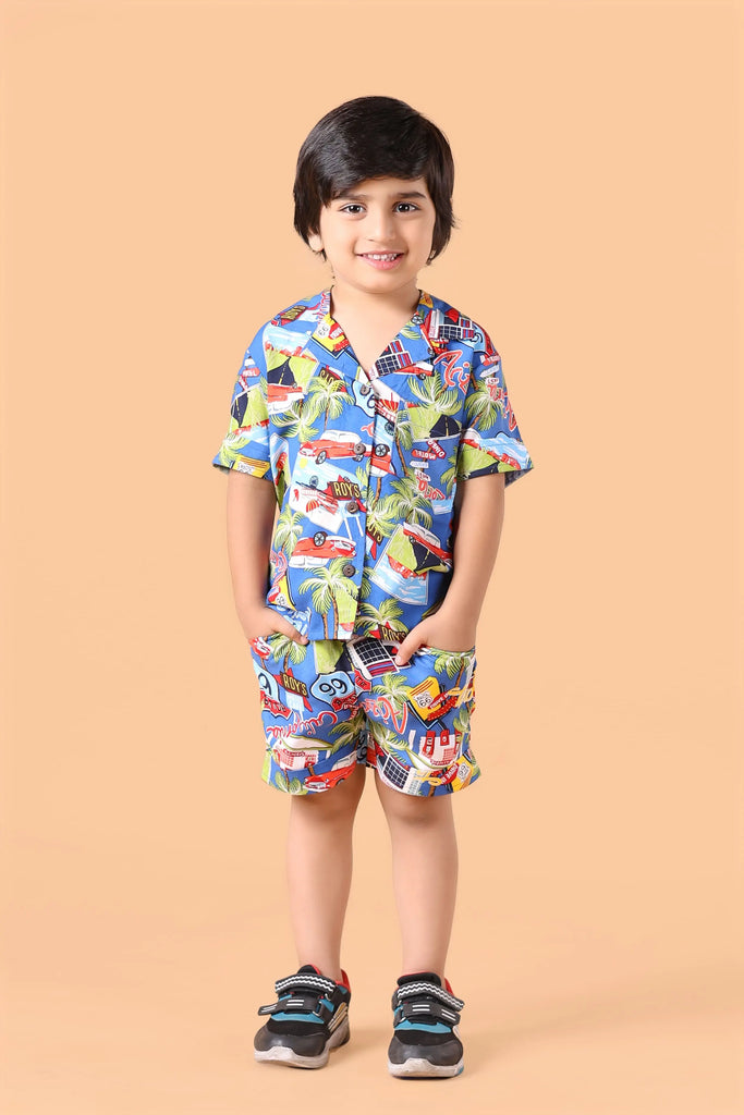 Boys rayon blue co-ord set – car & palm print shirt and shorts, summer outfit