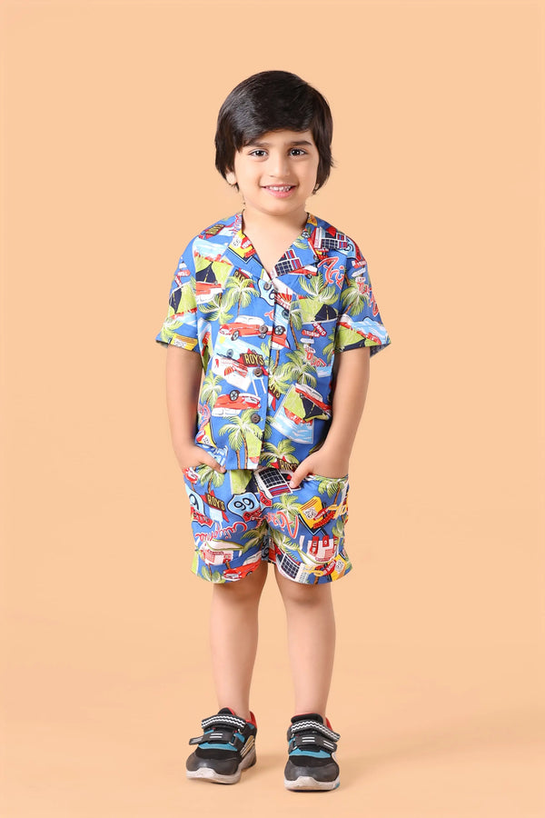 Boys rayon blue co-ord set – car & palm print shirt and shorts, summer outfit