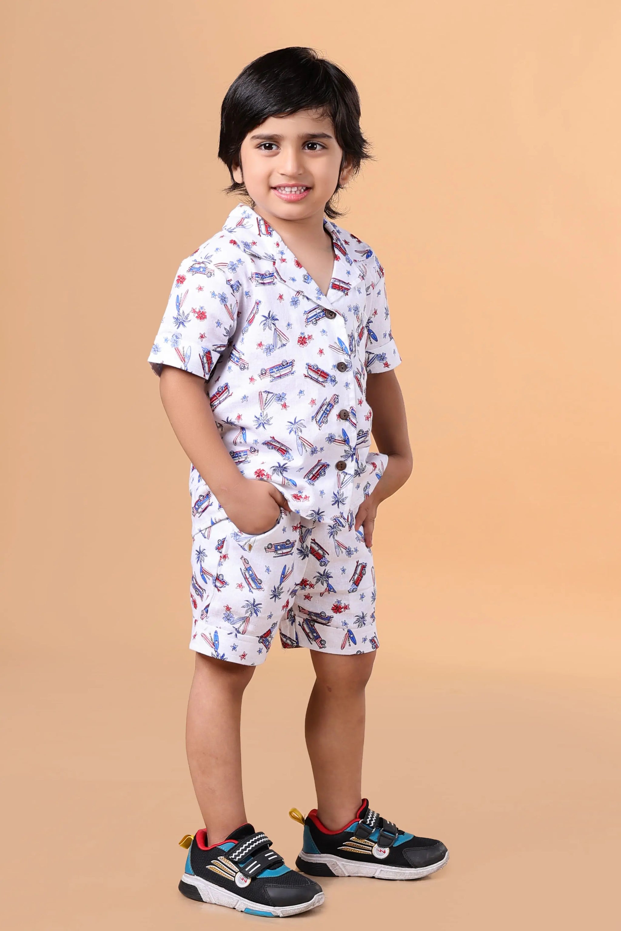 Holiday outfit for boys – printed linen shirt with matching shorts, ages 2–8