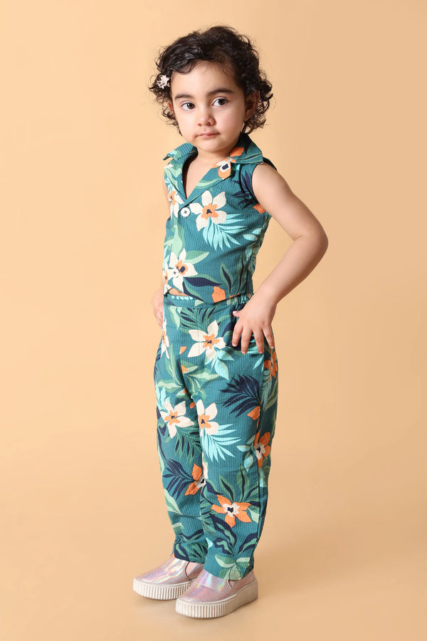 Front view – teal floral print girls matching set, lightweight fabric