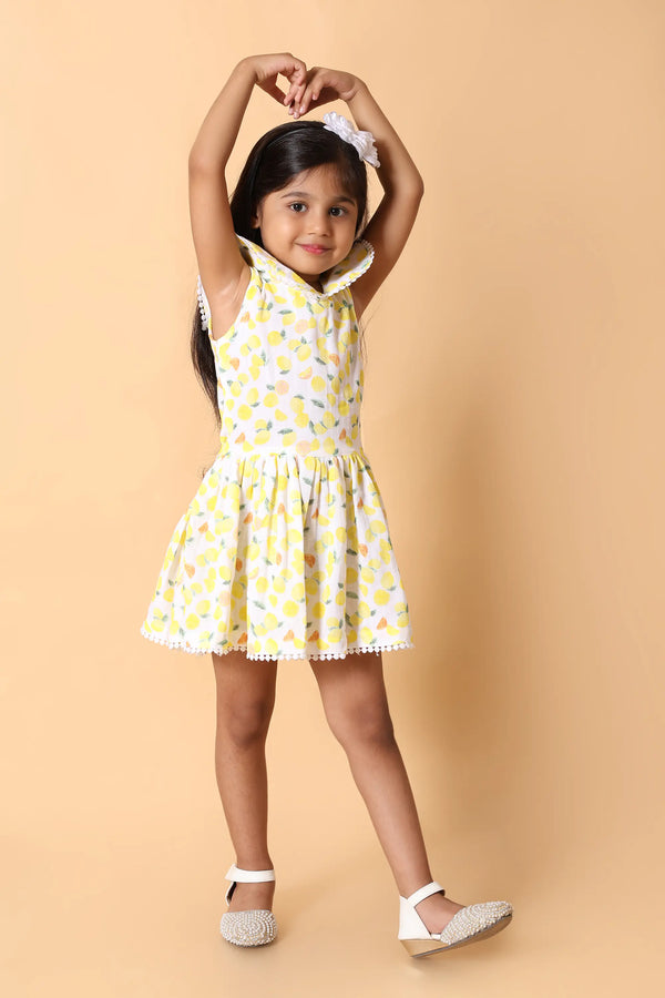 Girls white lemon print dress – sleeveless fit & flare summer wear