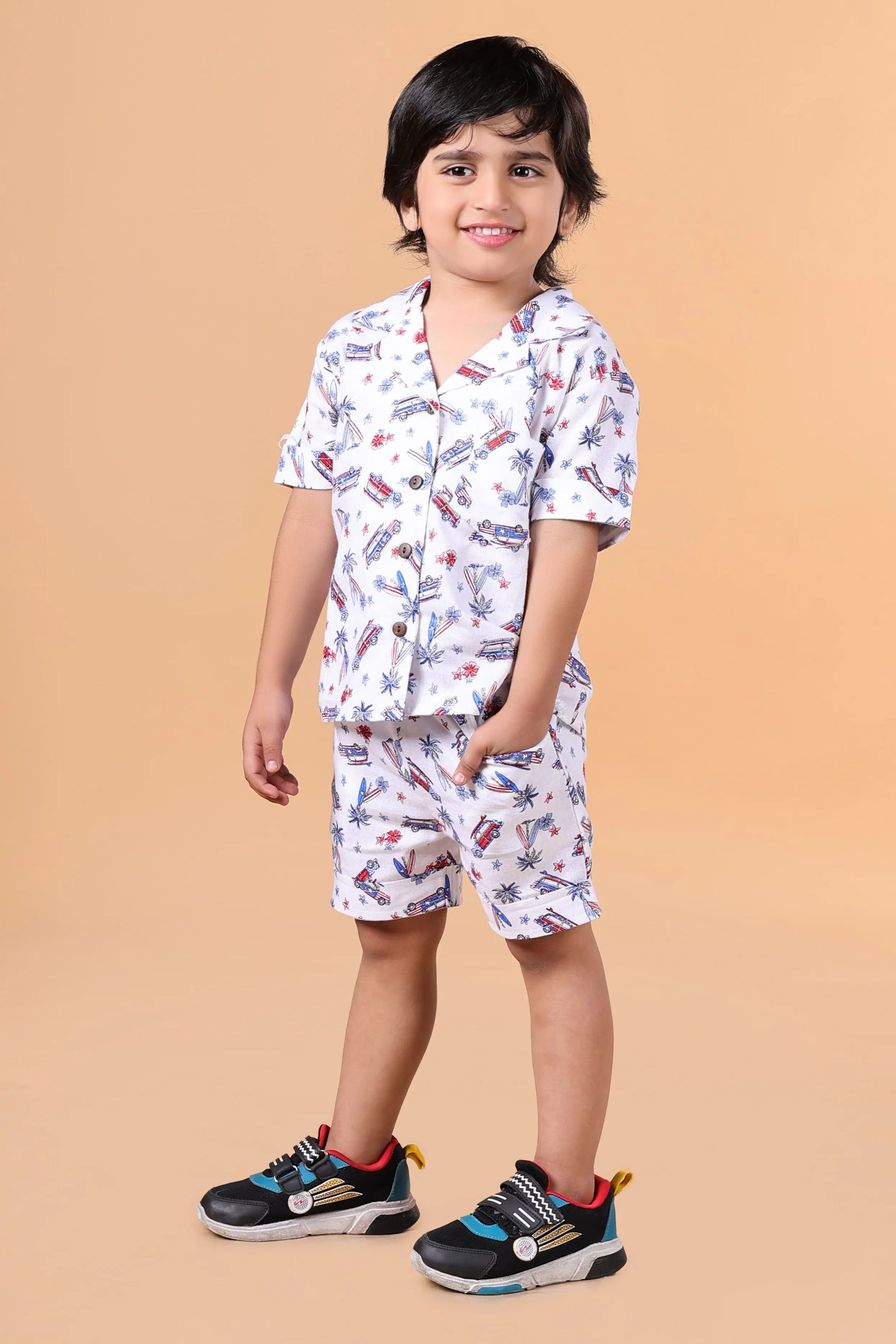 Kids boys co-ords front view – breathable linen shirt and shorts set (white)