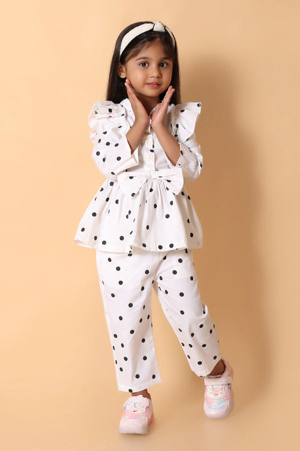 Girls white polka dot co-ord set – puff sleeve peplum top with bow & pants