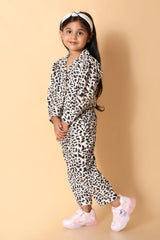 Front view – animal print girls co-ords with elastic waist trousers