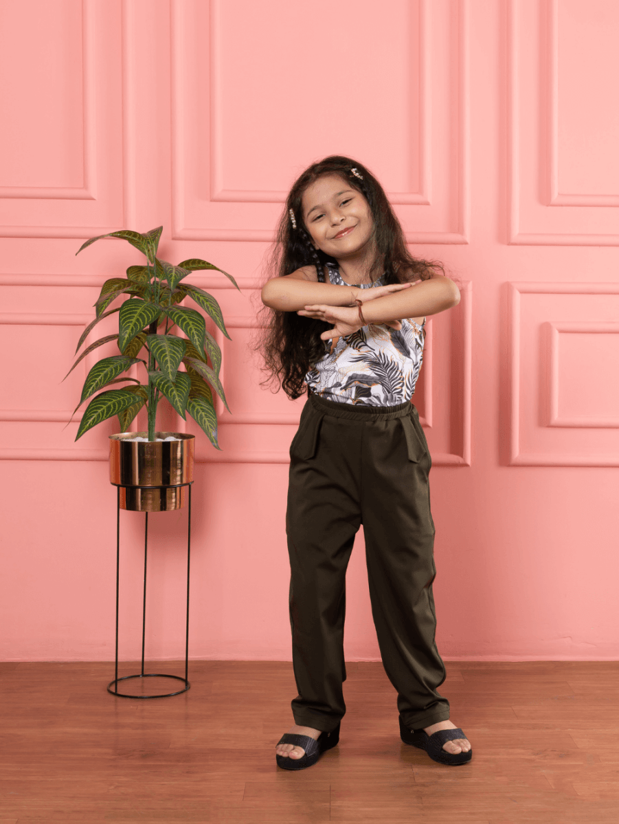 Bebe Unicorn Girls Floral Print Halter Neck Top & Olive Pants Clothing Set - Bebe Unicorn