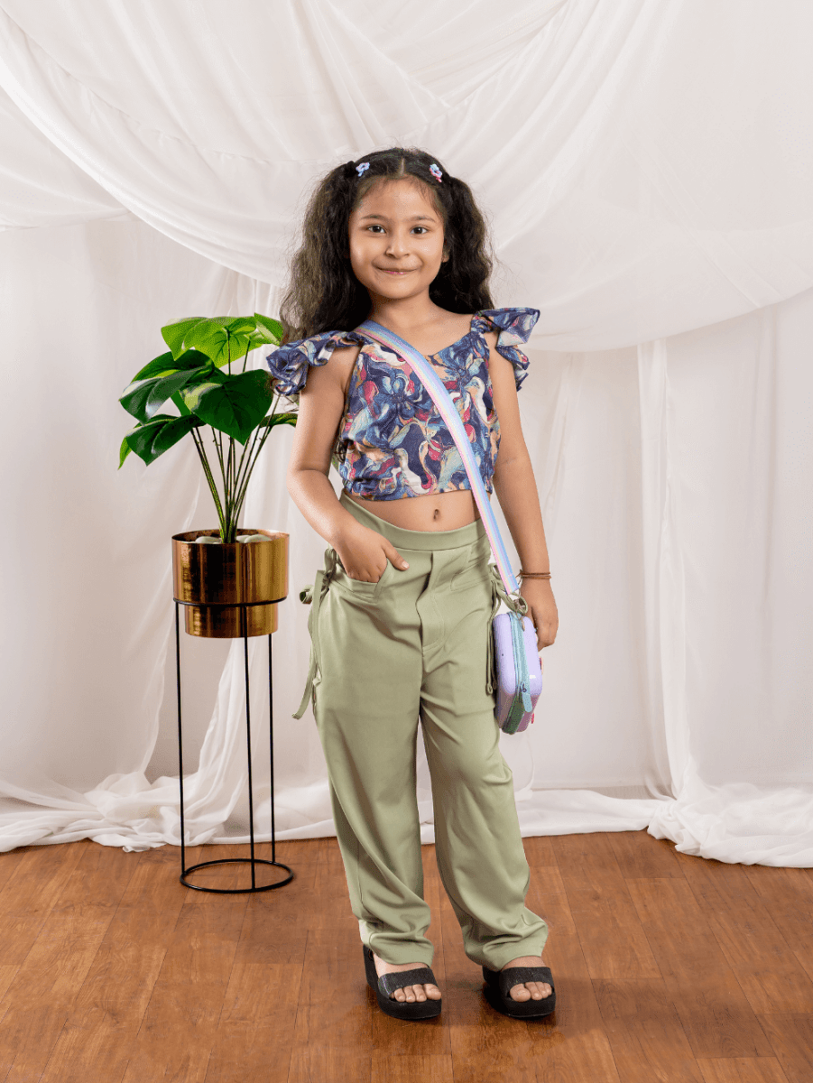 Bebe Unicorn Girls Printed Frilled Top & Pista Green Trousers Clothing Set - Bebe Unicorn