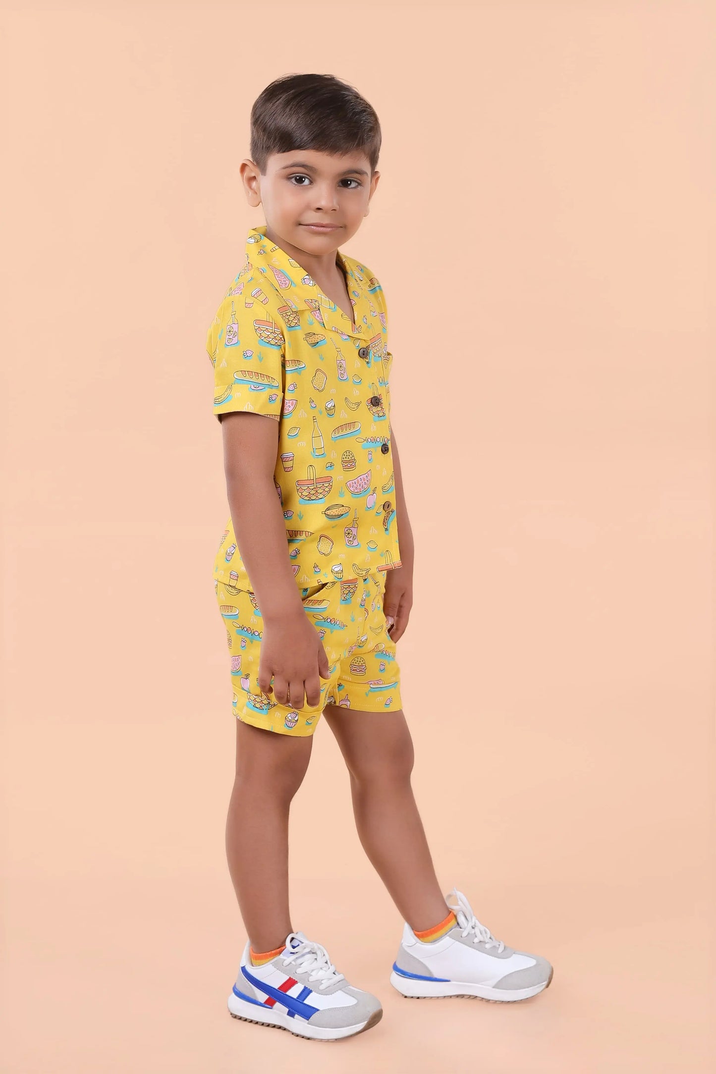 Front view – boys yellow shirt and shorts matching set, breathable fabric