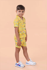 Front view – boys yellow shirt and shorts matching set, breathable fabric
