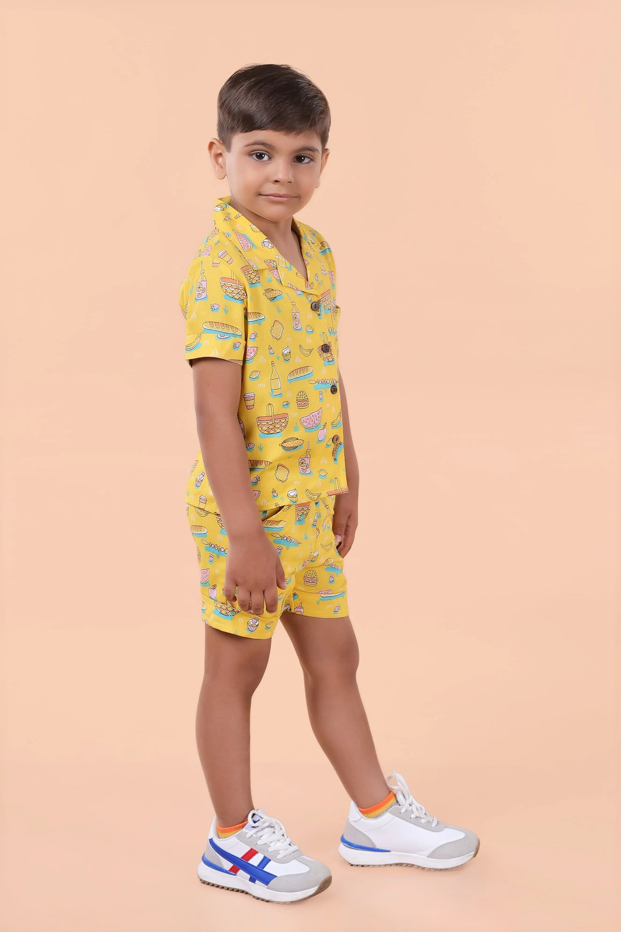 Front view – boys yellow shirt and shorts matching set, breathable fabric