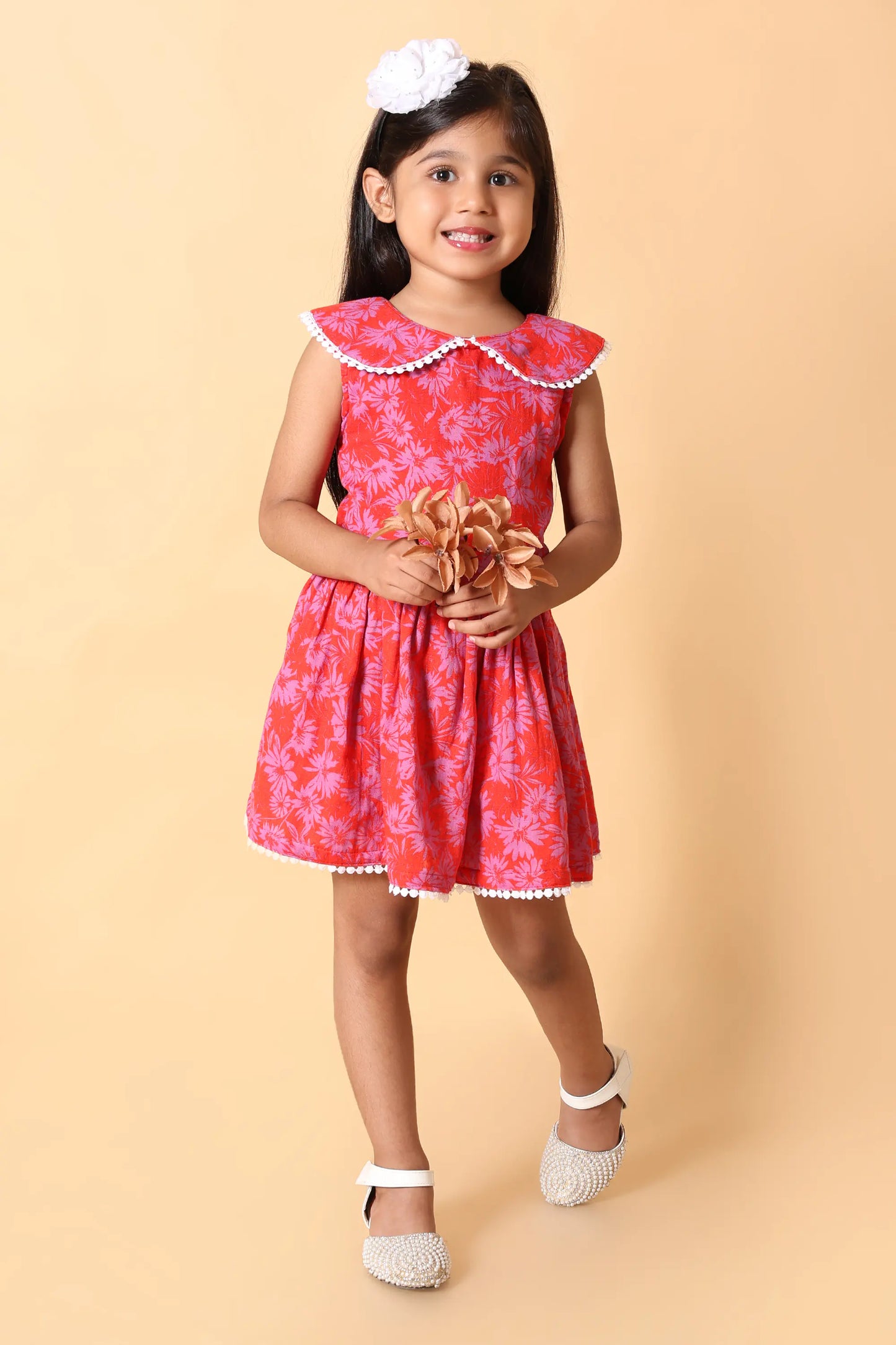 Back view – girls red printed dress, comfortable everyday wear