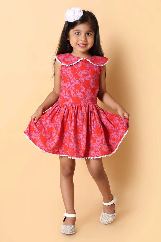 Girls red fit & flare dress with Peter Pan collar – party wear for kids