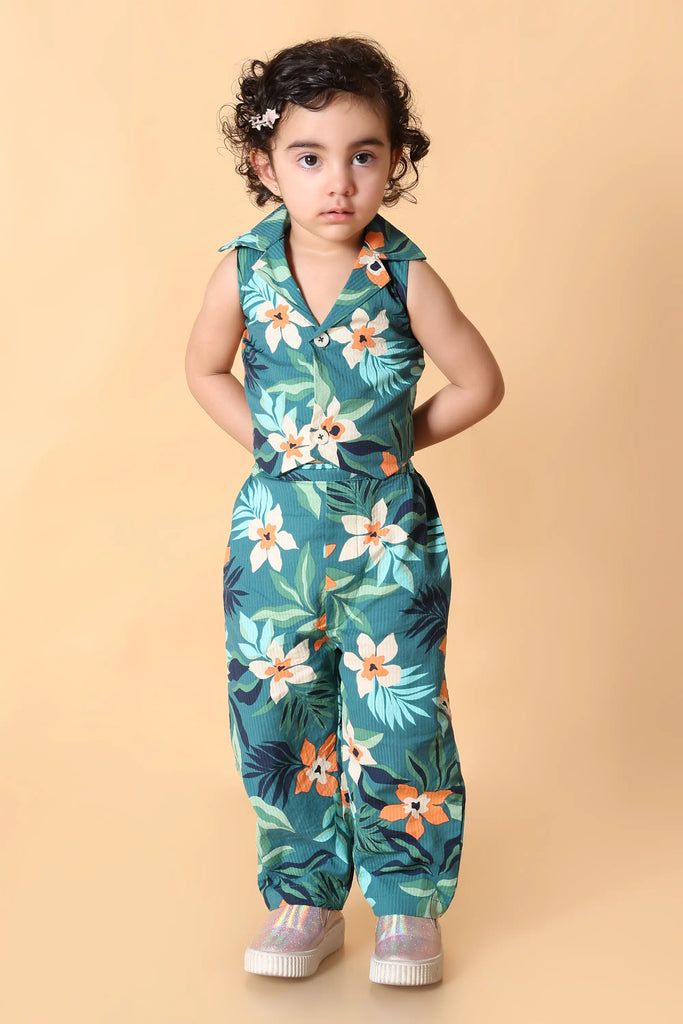 Girls teal tropical floral co-ord set – sleeveless collared top & pants