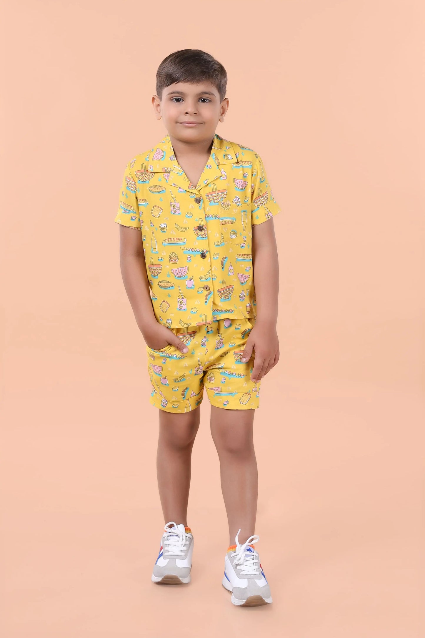 Kids casual wear – snack and fruit print boys co-ords for ages 2–8