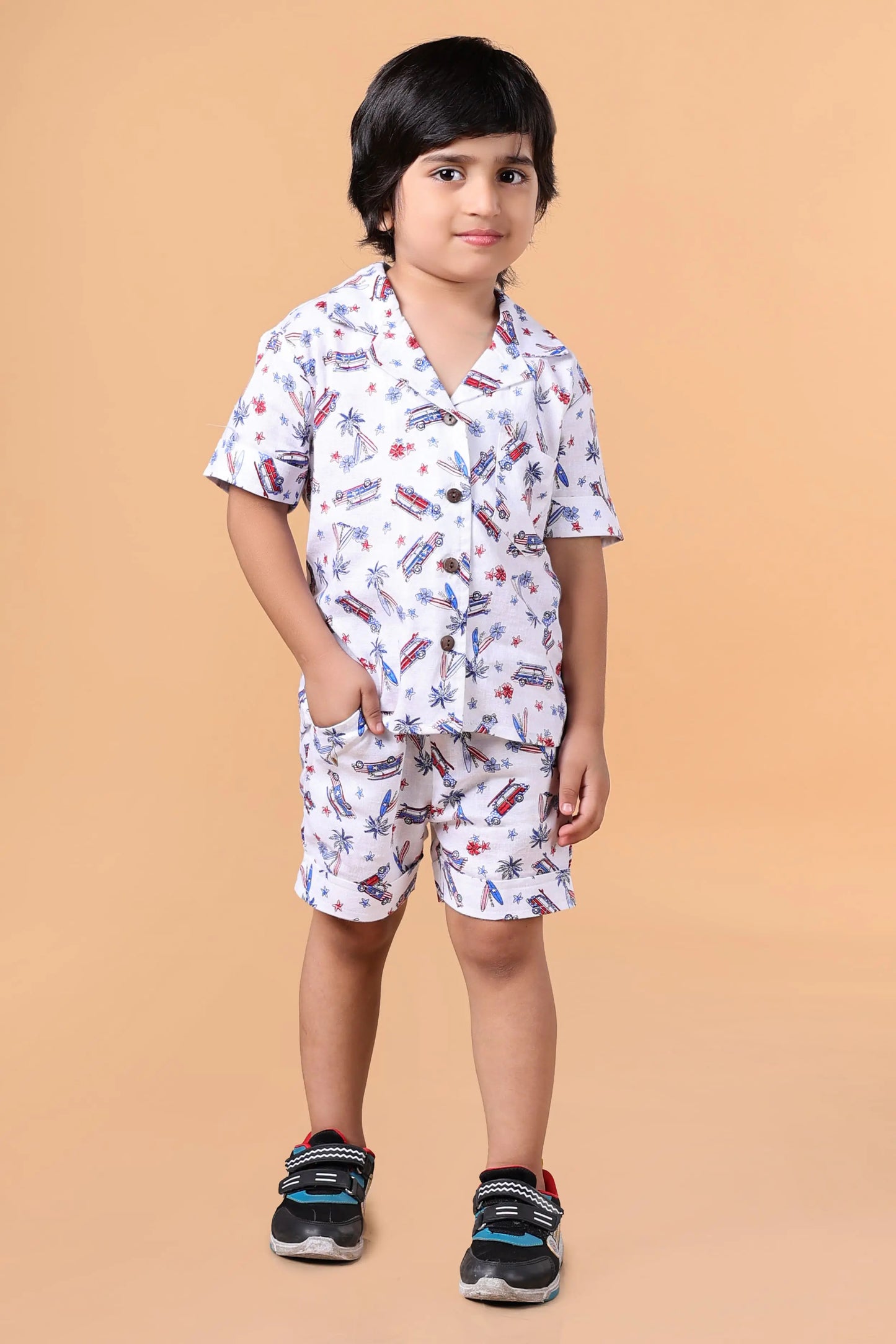 Boys white linen co-ord set – travel print shirt & shorts, summer casual wear