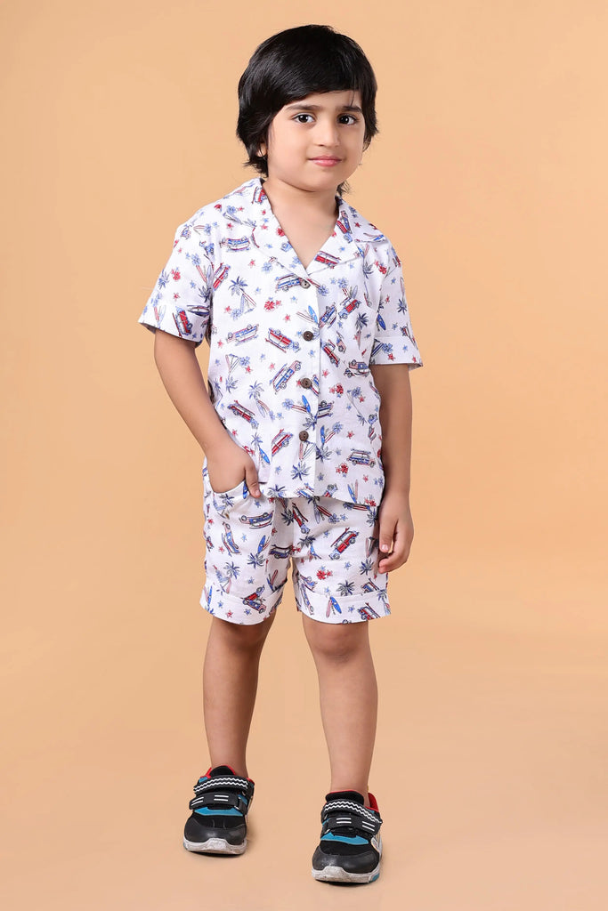 Boys white linen co-ord set – travel print shirt & shorts, summer casual wear