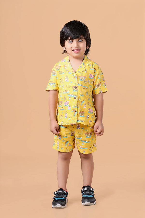 Boys yellow co-ord set – food print shirt & shorts, summer outfit for kids